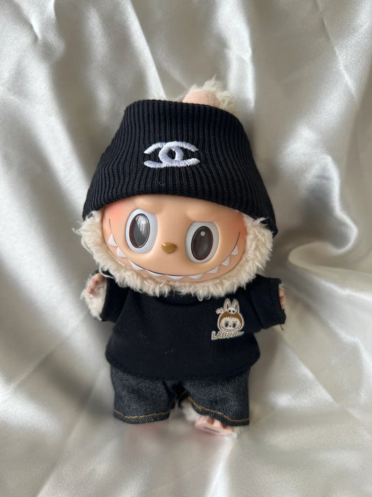 Labubu Designer Streetwear Set – Black Beanie & Denim Jacket for 17cm Figures